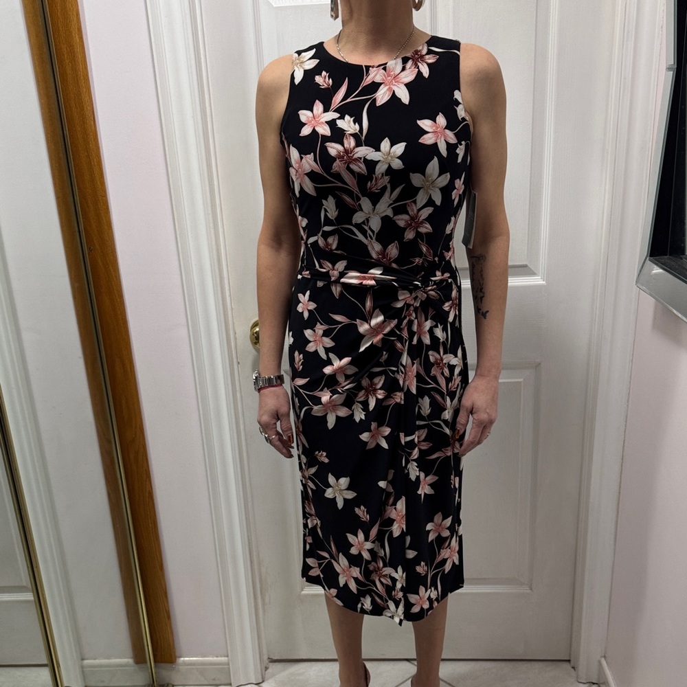 Ralph Lauren Black Sleeveless Midi Dress with Pink and Cream Floral Print